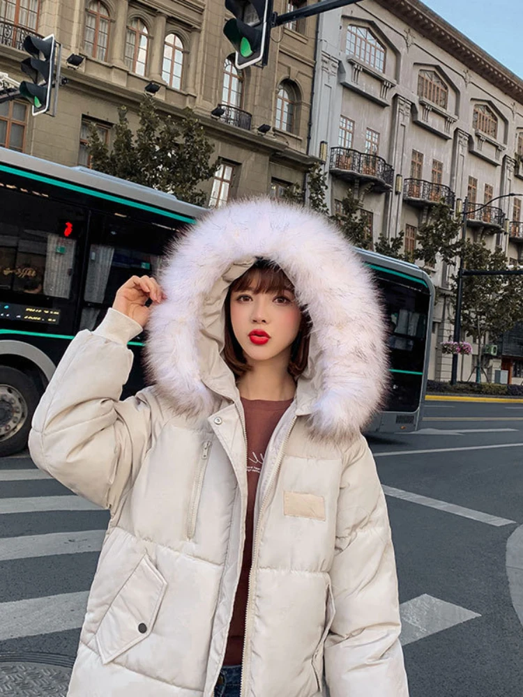 

2023 Winter New Cotton-padded Jacket Medium Length Style Parkas Loose Heavy Hair Collar Cute Bread Style Women's Winter Clothes