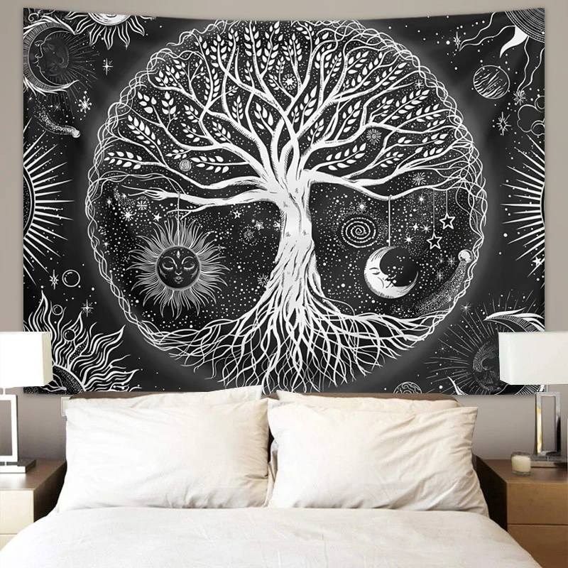 1 Stück Baum des Lebens Wandteppich Wandbehang, ästhetische Galaxie Sonne Mond Sternenhimmel Wandteppich, Zuhause Wohnzimmer Schlafzimmer Dekoration – Detail 21
