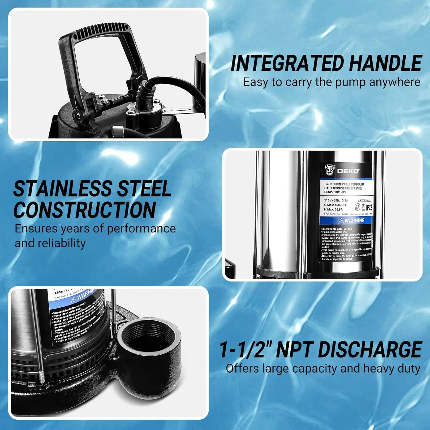 Submersible Cast Iron Sump Pump with Stainless Steel for Basement