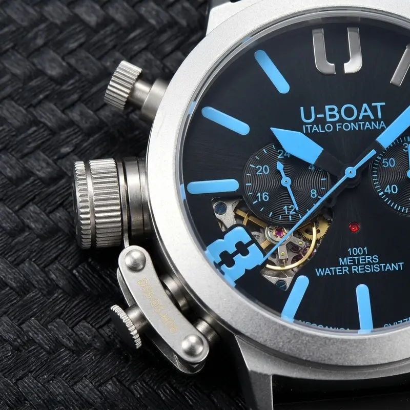 U-BOAT Men's Quartz Chronograph Watch 44mm Stainless Steel Case Silicone Band 1001M Waterproof - Image 3
