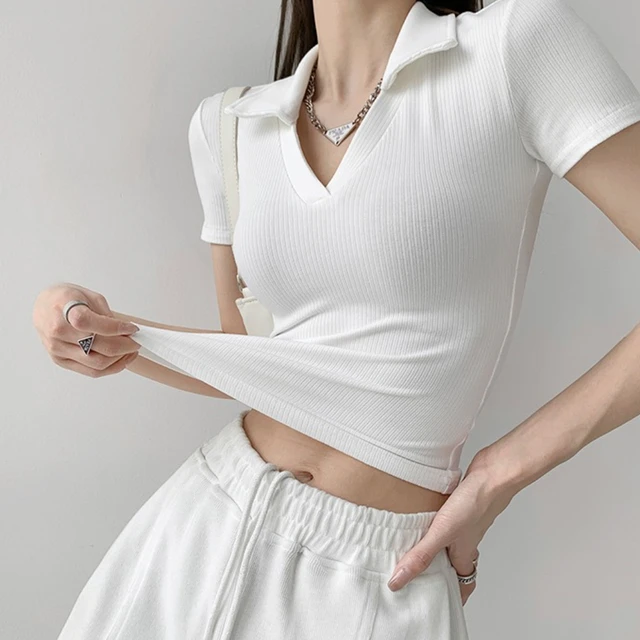 Fashionable Spring and Summer Short Sleeved Polo Shirt Women's V-neck Straight Shoulder T-shirt New Design with A Slim Fit Top 2