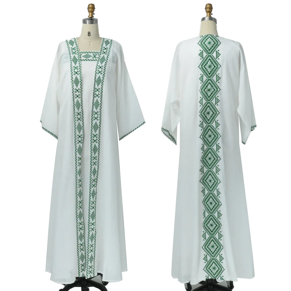 Elegant Embroidery Muslim Dress Ramadan Gurban Dubai Arab Two Piece Set Middle East Turkey Slash-Neck Fashion Abaya Clothing