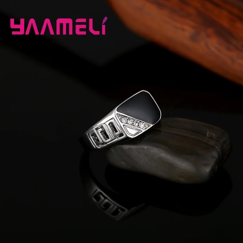 Classic Male Wide Band Ring 925 Sterling Silver Plated White Black Rhinestone Square Statement Hip Hop Jewelry silver rings silver ring silver plated ring