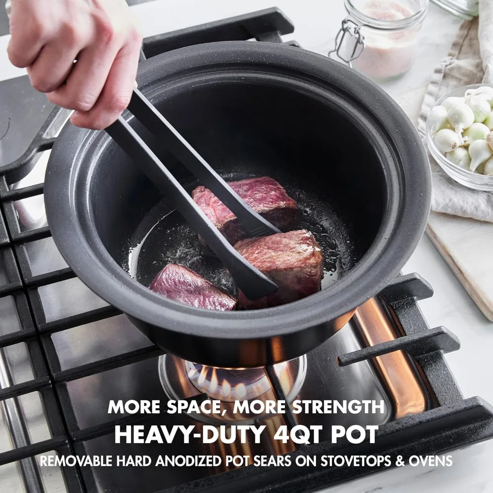 6-in-1 4QT Electric Ceramic Slow Cooker with Glass Lid, Multifunction Presets, Hard Anodized