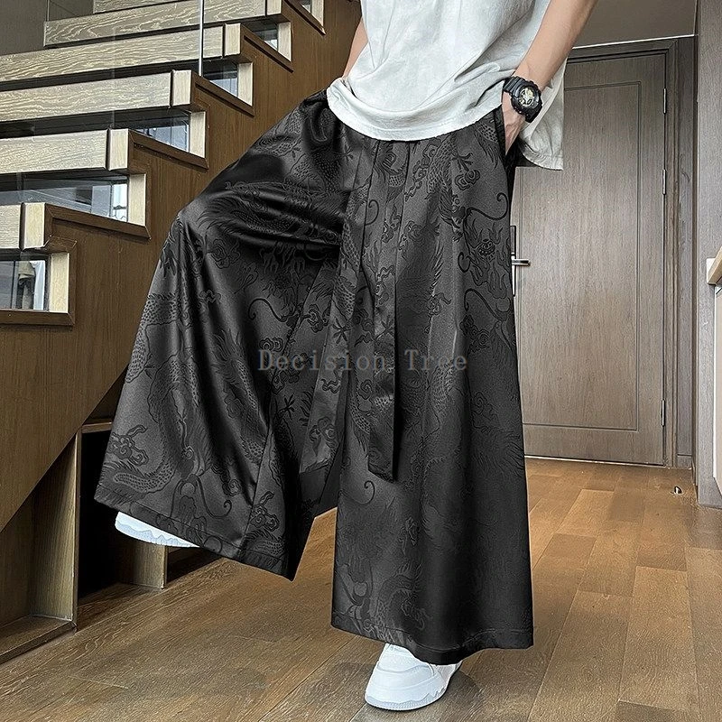 new chinese men style wide leg casual pants men summer fashion casual dragon pattern hanfu culottes martial arts pants
