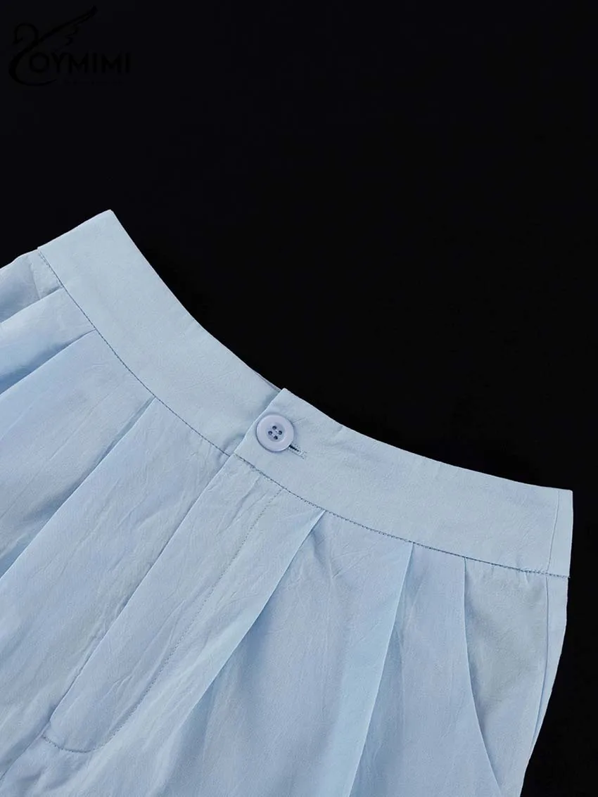 Oymimi Fashion Blue Cotton Two Piece Set For Women Elegant Lapel Long Sleeve Shirts And High Waisted Button Skirts Female Sets
