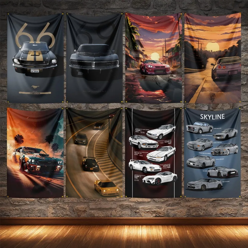 

R34 JDM Legend Super Racing Car Flag Polyester Digital Printing Cars Banner For Decoration