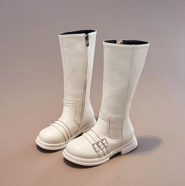 

Kids Girls Boys High Boots 2023 Winter New Solid Color Beige Black Leather Boots Children Fashion Princess Mid-calf Snow Boots