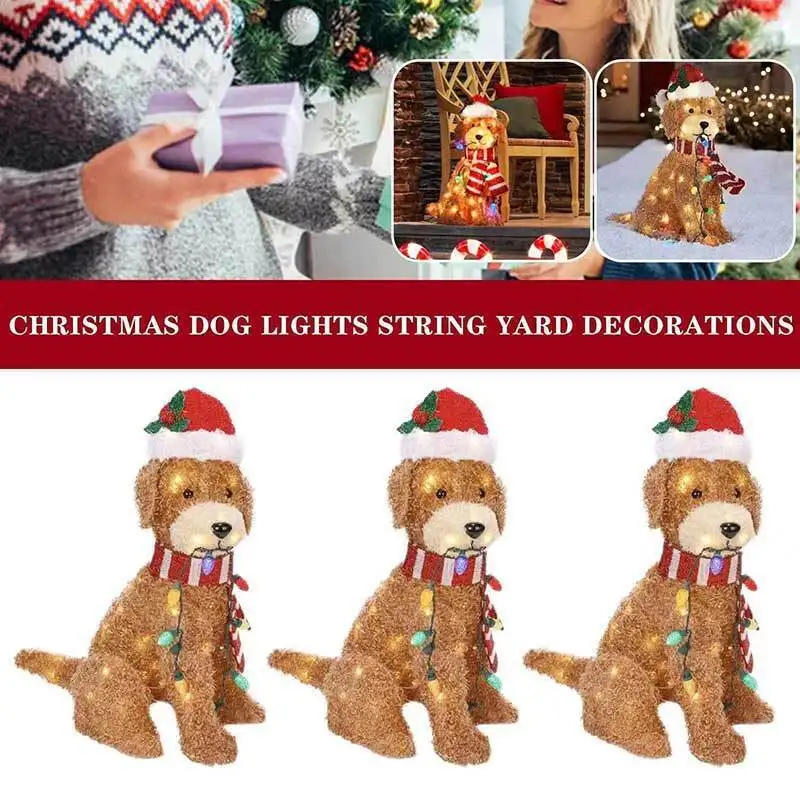 Christmas Lighted Goldendoodle Decor Waterproof LED Dog Figure Ornaments Wearing Xmas Hat for Home Garden Front Pathway Walkway