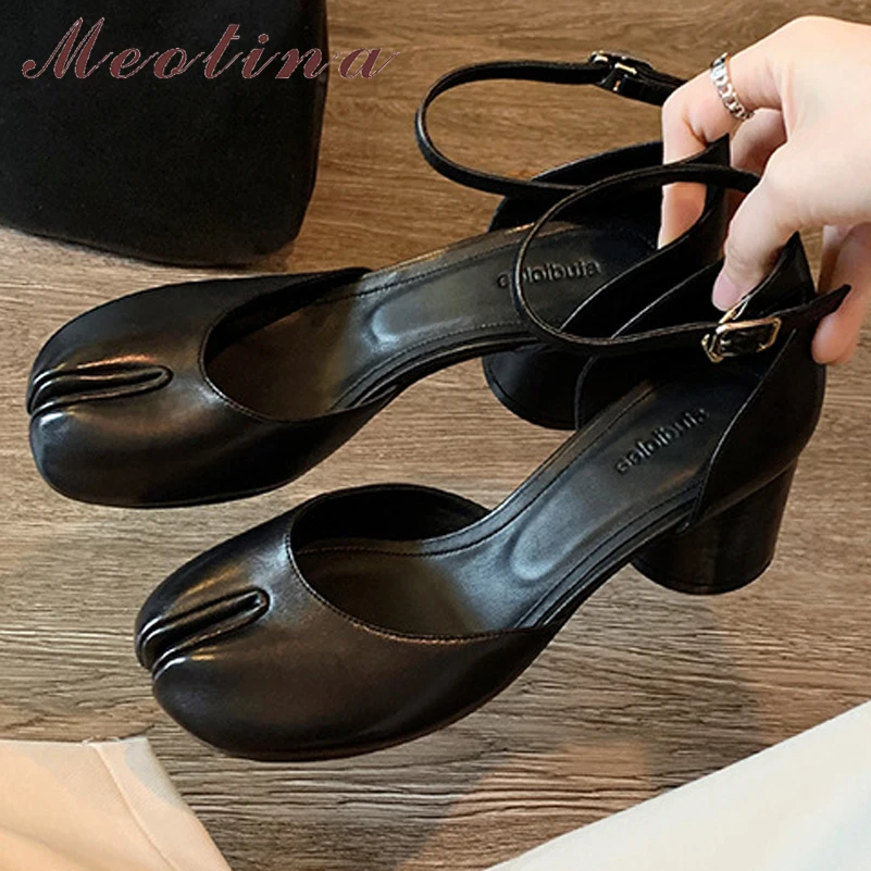 

Meotina Women Genuine Leather Ankle Strap Two-Piece Pumps Split Toe Block High Heels Buckle Ladies Fashion Shoes Spring Autumn