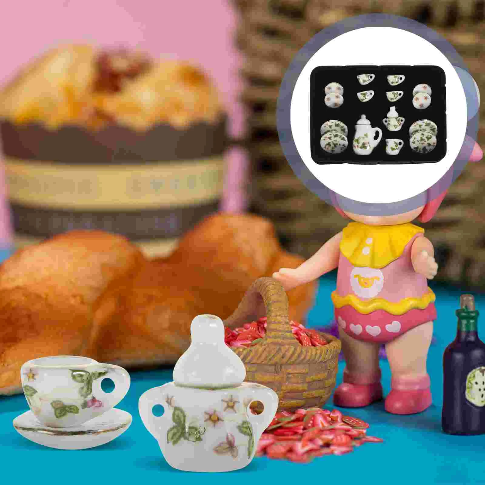 

Miniature Ceramic Tea Set for Dollhouse: 1:12 Scale with Flower Pattern Cups, Kettle, Saucer, and Plate