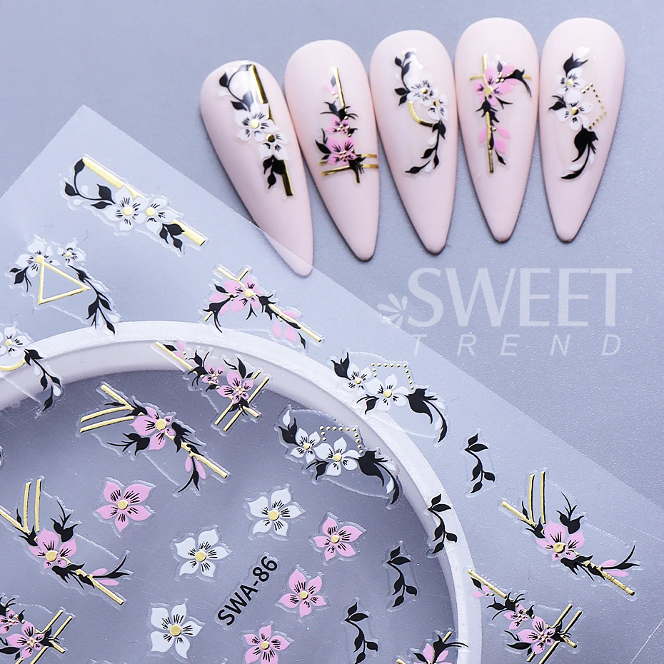 2pcs 3D French Line Flowers Nail Art Stickers Pink White Sakura Petals Florals DIY Spring Summer Elegant Sliders Manicure Decor