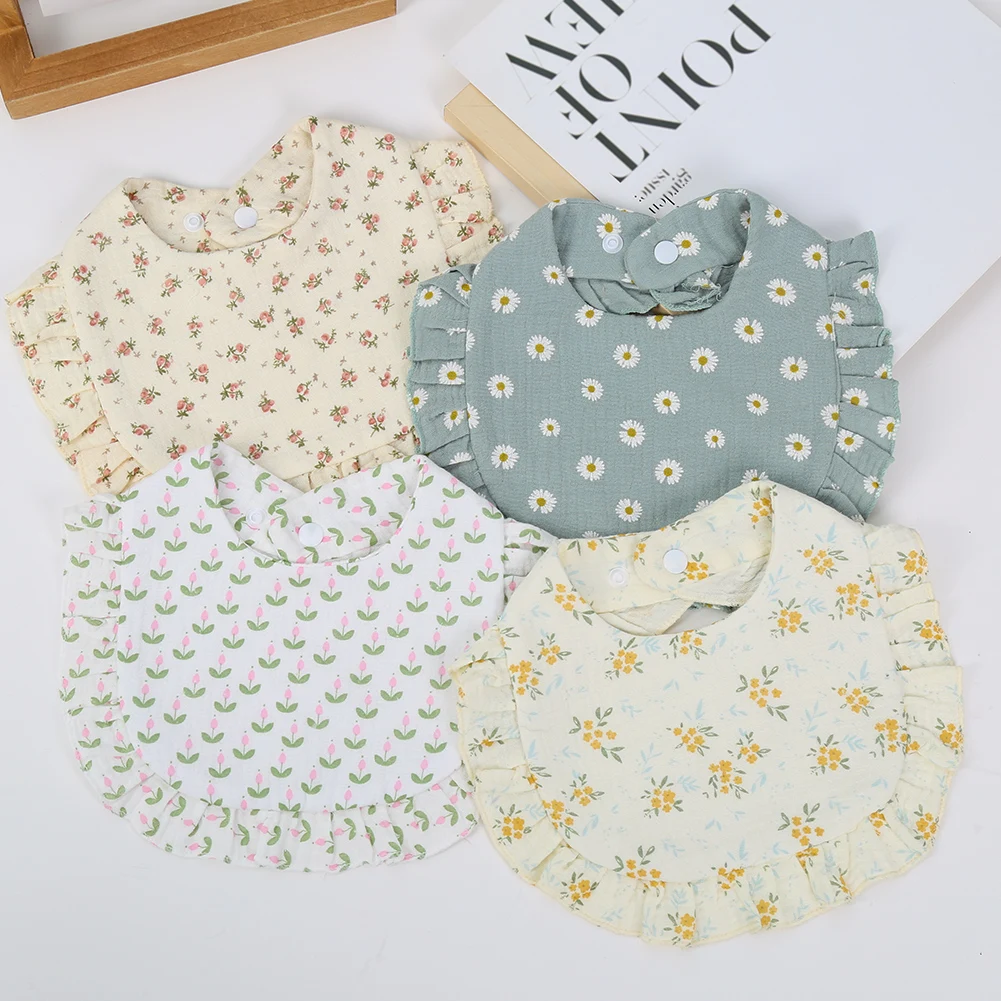 Flower Print Baby Bibs Adjustable Snap Saliva Towel Ruffled Edge Muslin Cotton Burp Cloths Girls Feeding Scarf