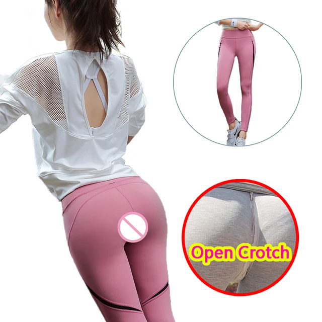 Woman Sexy Yoga Open-Seats Pants Elastic Crotchless Leggings with