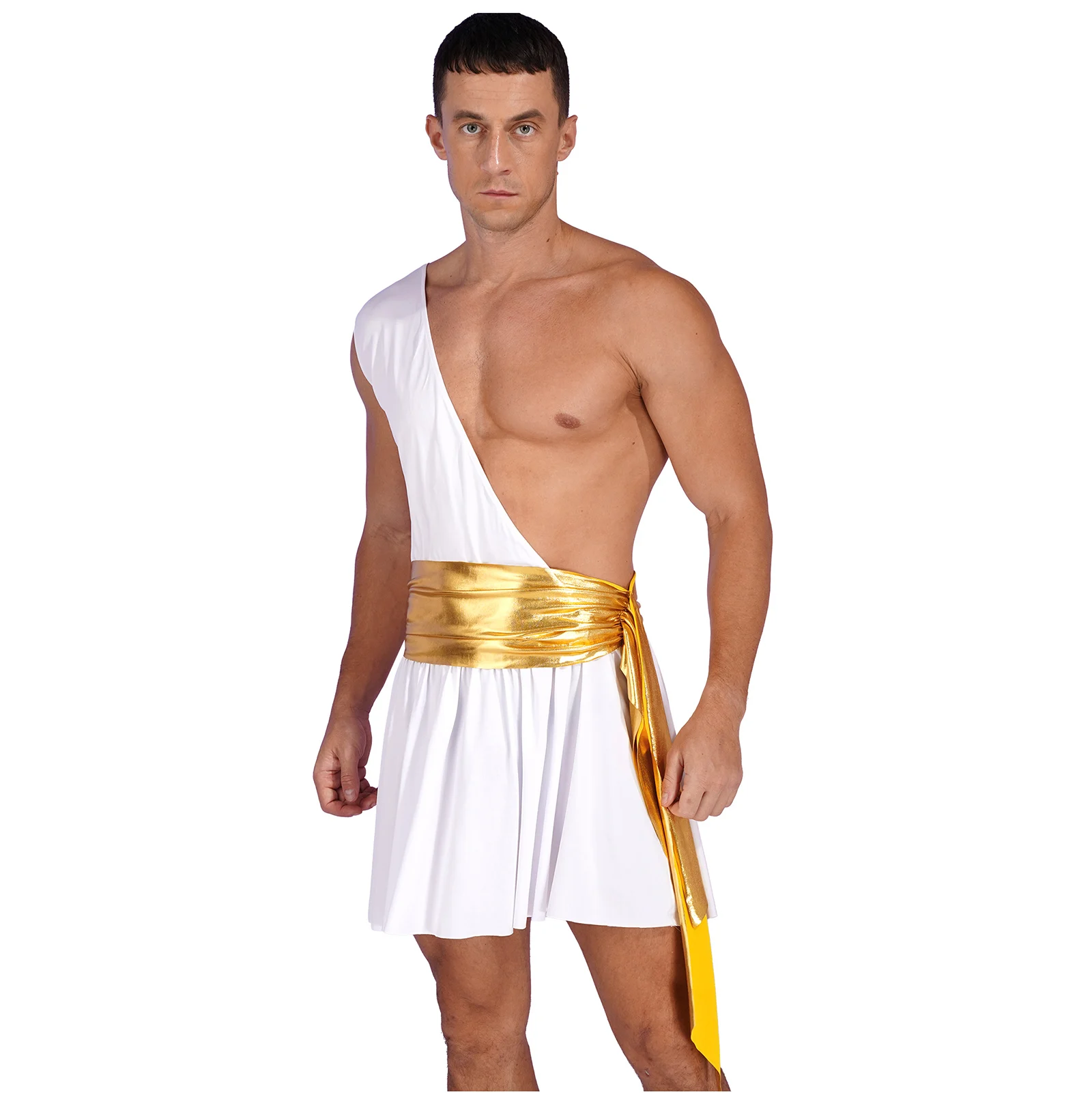 thumbnail image 1 of Traje de Cosplay de gladiador del dios griego antiguo para hombre, vestido con volantes, vestidos con cinturón fruncido metálico, disfraz de guerrero de caballero de Halloween, 1 of 5