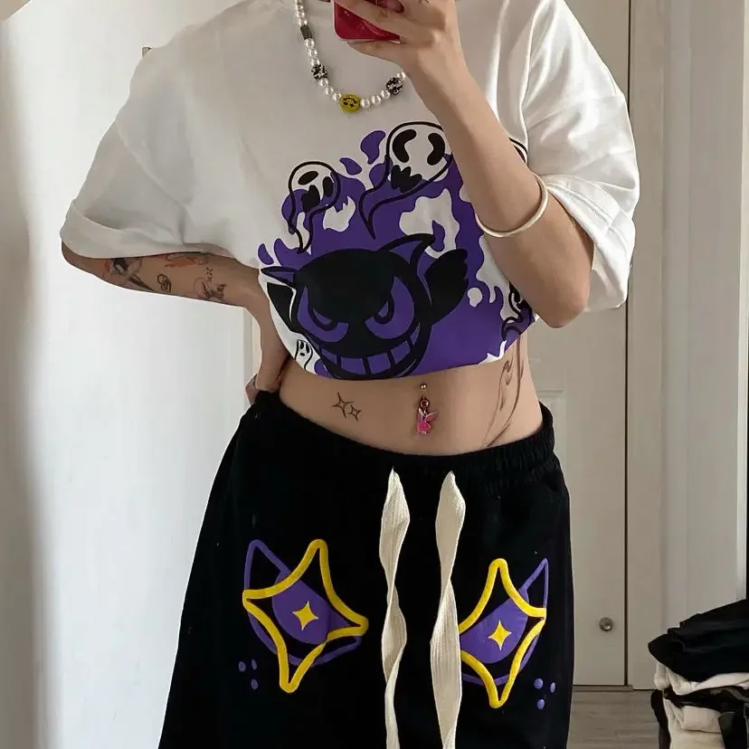 Harajuku Anime Devil Black Shorts Summer Design High Street Pants Shorts Women Loose High Waisted Y2k Shorts 2023 New Clothes