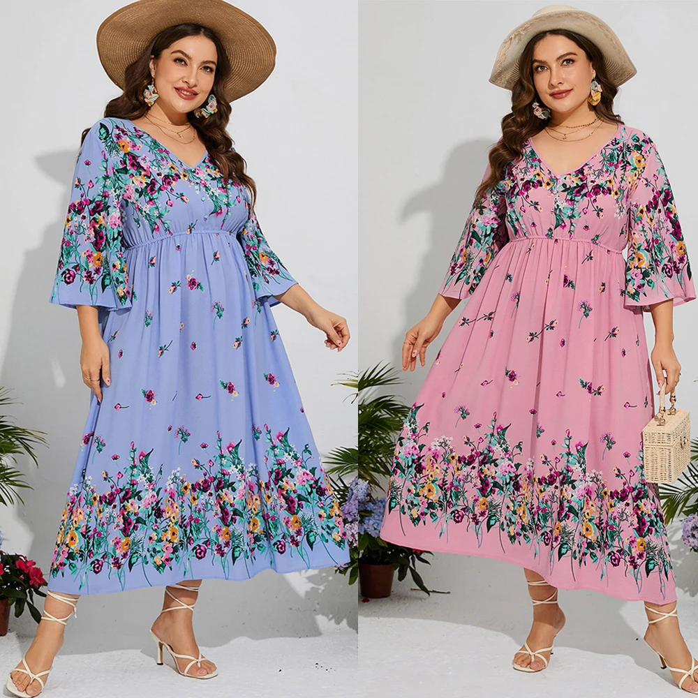 

Plus Size Casual Dress Woman Summer V Neck 3/4 Sleeve Floral Print Long Dress Women Clothing Bohemian Loose Casual Sundress