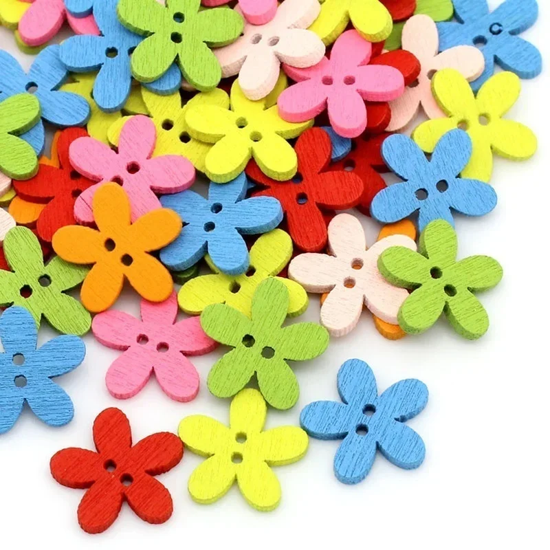 100pcs 14x15mm 2-hole Mixed Flower Wooden Decorative Buttons Suitable for Sewing Clip Arts and Crafts Multicolor 6