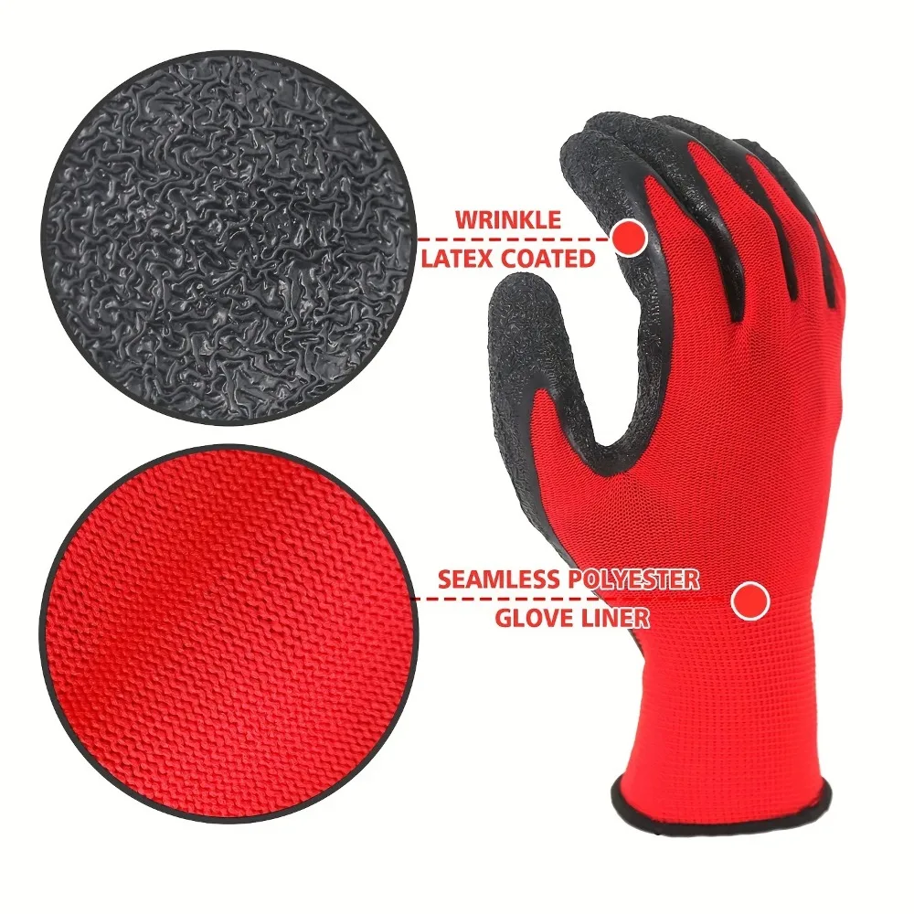 12 Pairs Breathable & Durable Safety Gloves - Crinkle Latex Grip, Unisex, Perfect for Construction, Gardening, Landscaping 6