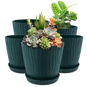 5Pcs Set Flower Pot PP Vegetation Pots with Drainage Holes and Saucers Thickened Multipurpose Succulent Pots for Indoor&Outdoor