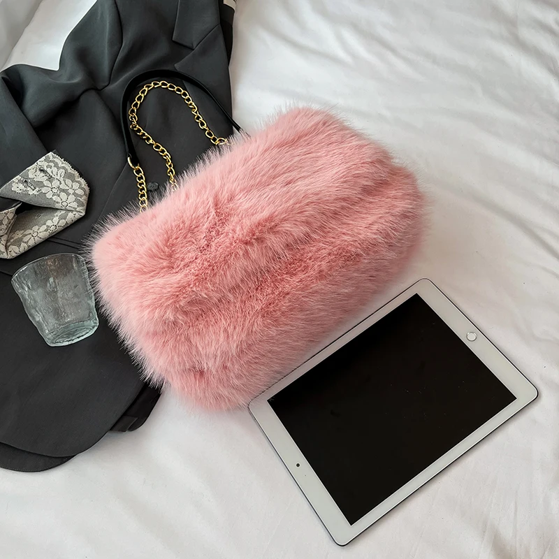 Modische Halbmond-Plüsch-Umhängetasche für Damen, Designer, flauschige Kunstfell-Handtasche, Kette, Unterarmtasche, 2025, Winter-Geldbörse, Klappentaschen – Detail 20