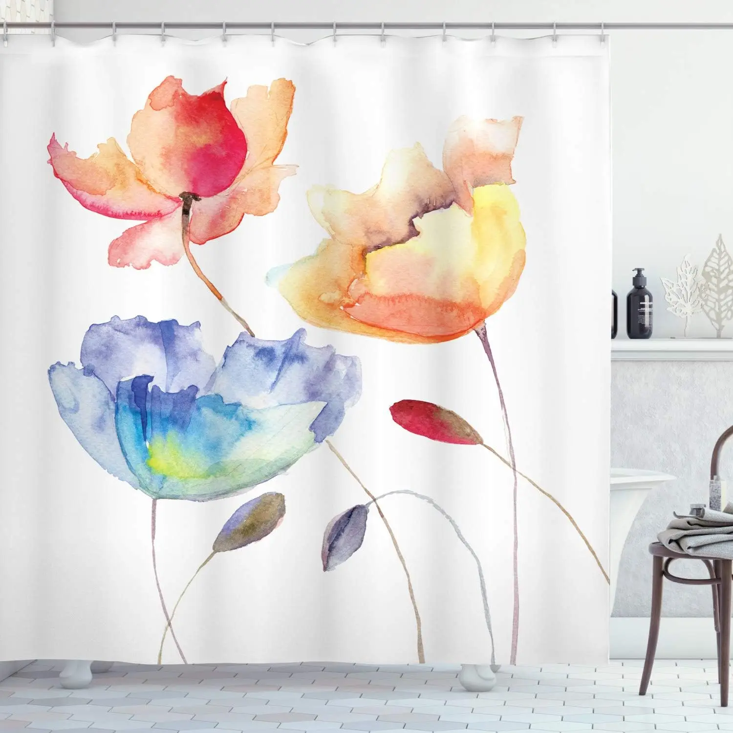 

Watercolor Floral Plant Shower Curtain Painted Floral Decorative Shower Curtain Polyester Waterproof Decorative Shower Curtain