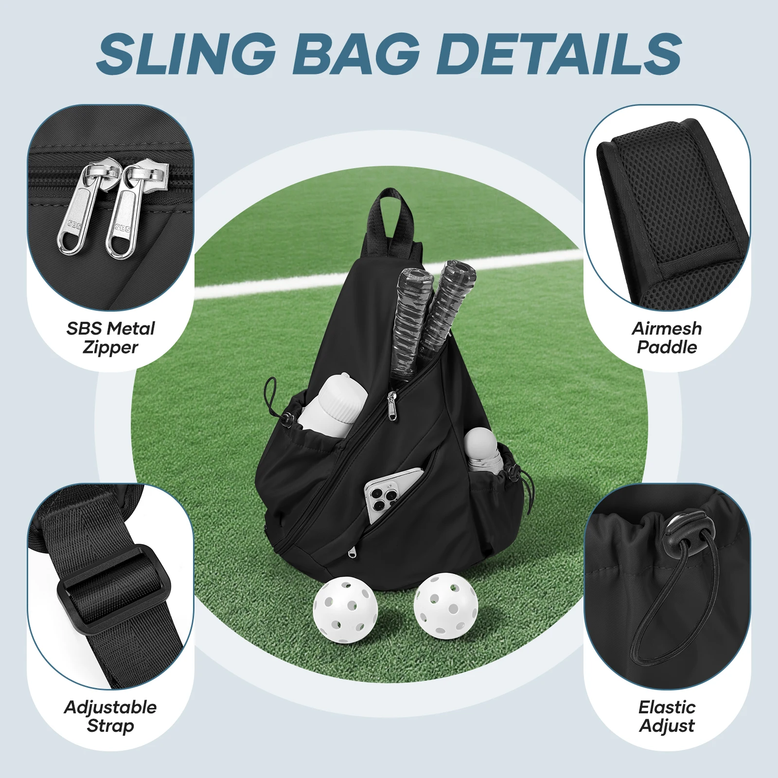 Pickleball Bag Sling Bags for Women Men- Turnable Crossbody Sling Backpack for Pickleball Paddle, Tennis, Pickleball Sticks Bags