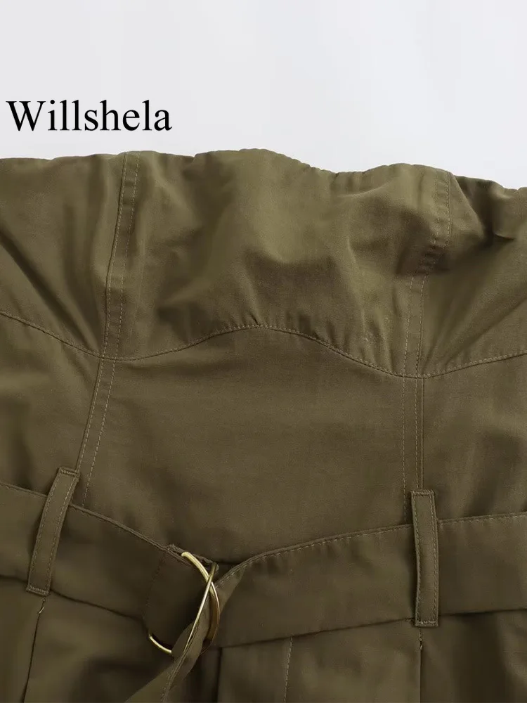 Wiilshela Women Fashion With Belt ArmyGreen Side Zipper Backless Jumpsuits Vintage Strapless Slash Neck Female Chic Lady Rompers