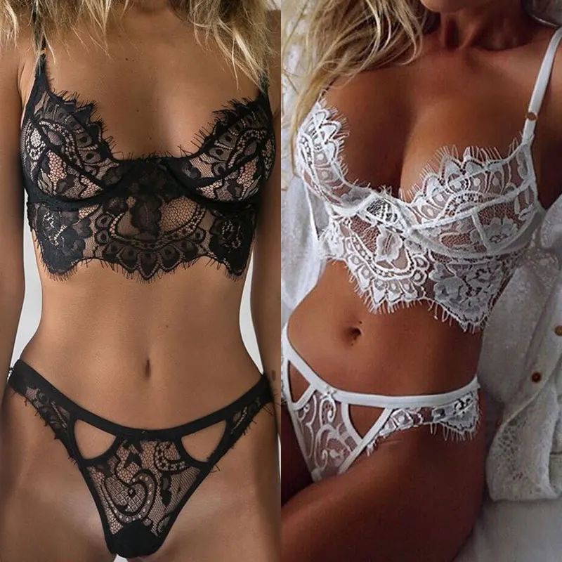 

Women's Sexy Lace Underwear Set Erotic Ladies Lingerie See-through Bra Thong Mini Babydoll Briefs Underpants Black Bodysuit