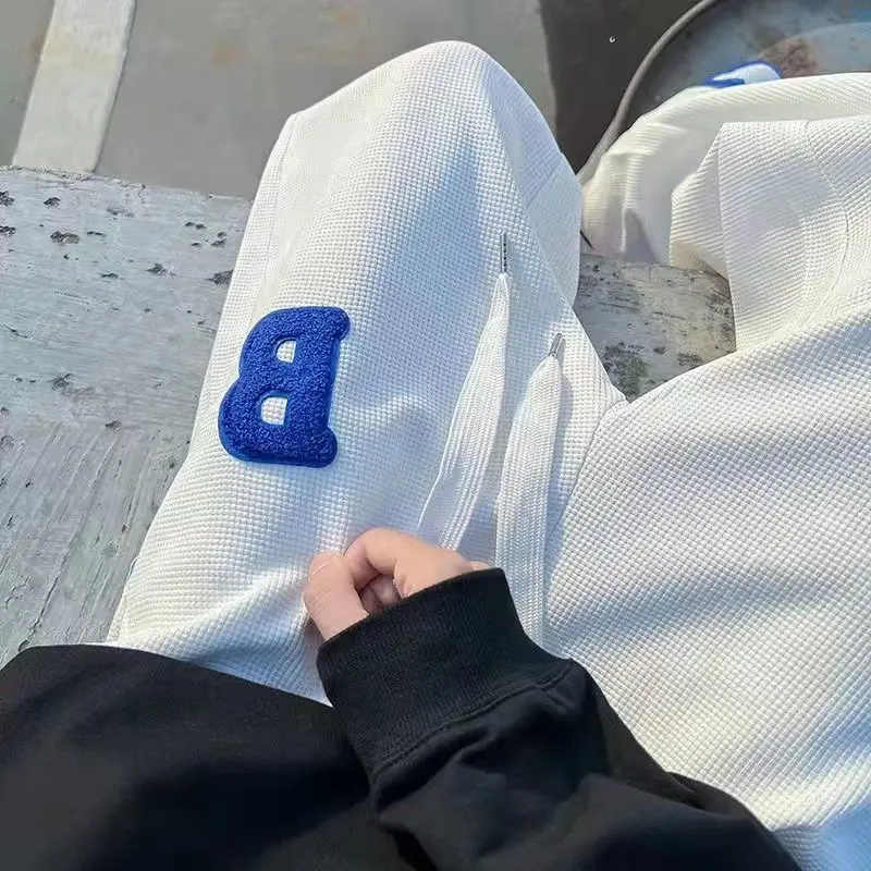 High Street Sports Trendy Straight Casual Pants Men Embroidery Loose Elastic Waist Sports Drawstring Pockets Wide Leg Trousers