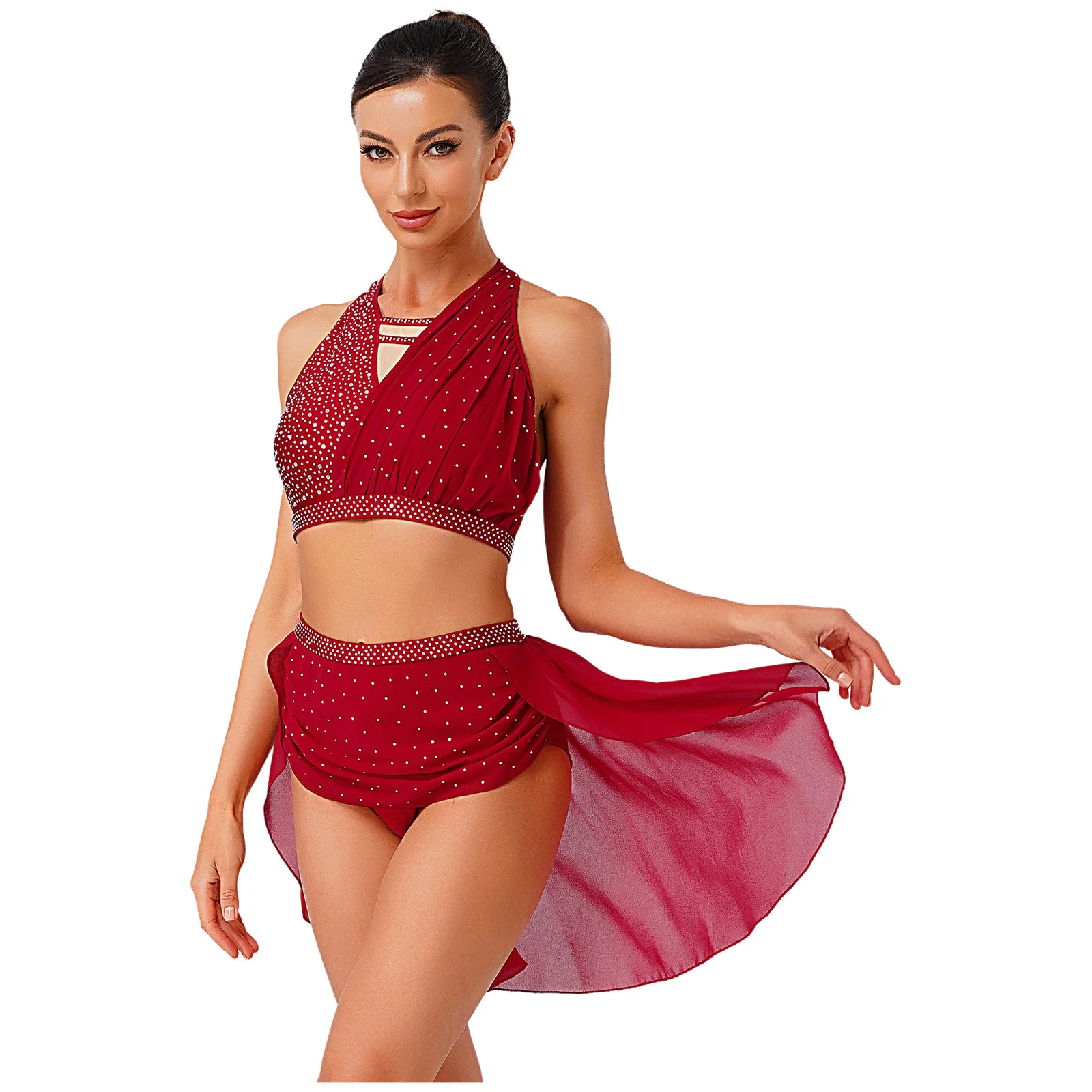 Damen Glänzendes Strass-Gymnastik-Kostüm für Eiskunstlauf, Lyrischen Tanz und Zeitgenössischen Ballett mit Crop Top und Rock – Detail 26