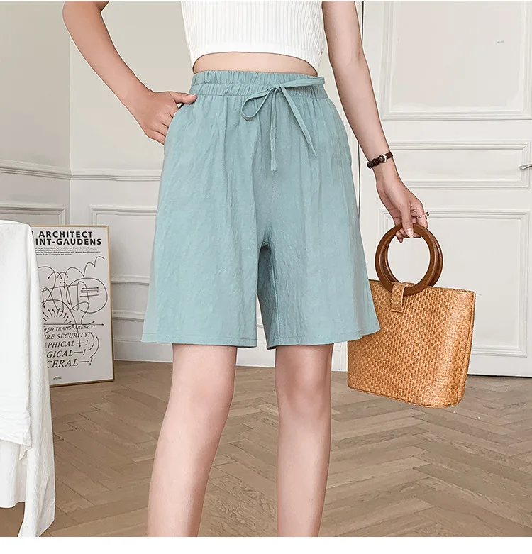 Knee Length Women Shorts 2022 Summer Casual Solid Cotton Linen Shorts Pants 12Colors High Waist Loose Five Cents Trousers Girls womens clothing