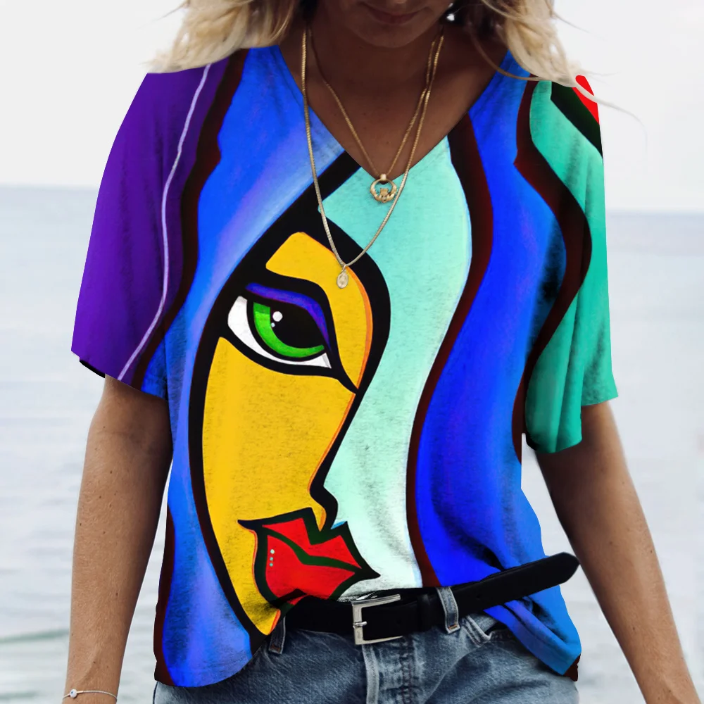 

2023 Summer Facial Art Iridescent 3d Abstract Painting Women's V-neck T-shirt Loose Casual Street Multi-color Top For Girls