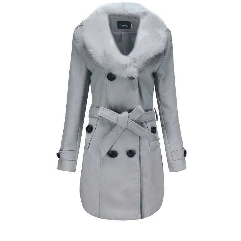 Winter Women Fashion Big Fur Collar Double-Sided Woolen Coat Female Long Double-breasted Slim Fit Large Size Pure Color Outwear