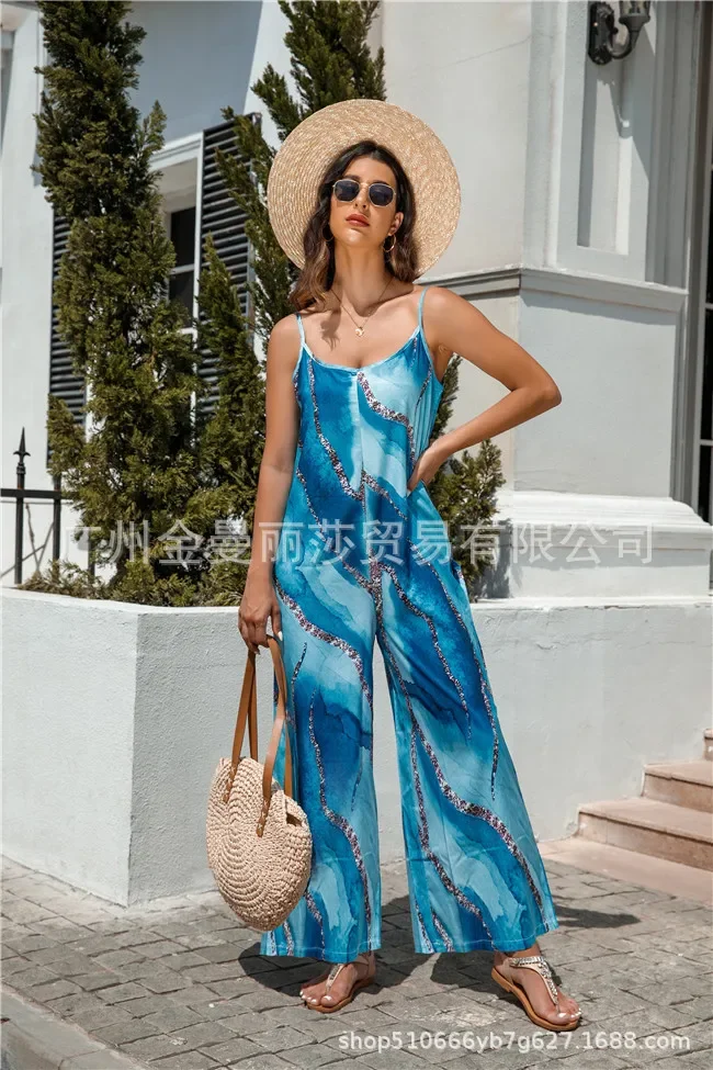 

Spring/Summer New Women's Print: Suspenders, Slip Pockets, Casual Wide-Leg Jumpsuits, Slim Fit, Sexy Elegant Print