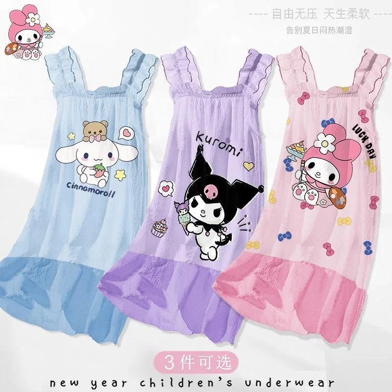 

Новинка 2024, Детская Пижама Sanrio Kawaii Anime Kuromi Cinnamoroll My Melody, летняя Милая мультяшная ночная рубашка для девочек, подарок для детей