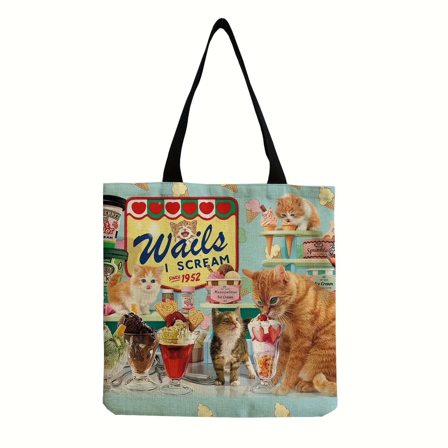 

Oil Painting Cat Graphic Linen Shopper Bag, Simple Design Portable Shoulder Bag, Fashion Large Capacity Tote Bag