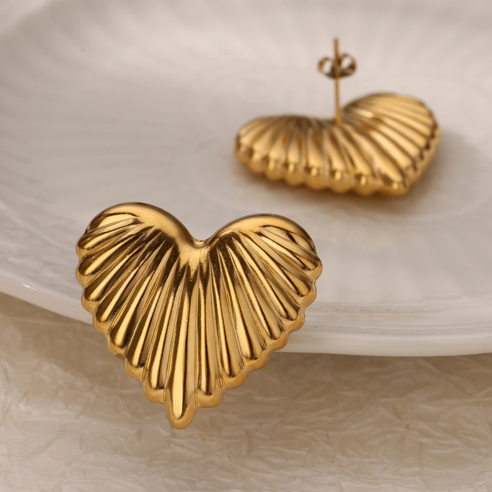 Stainless Steel Heart Stripe Chunky Stud Earrings for Women