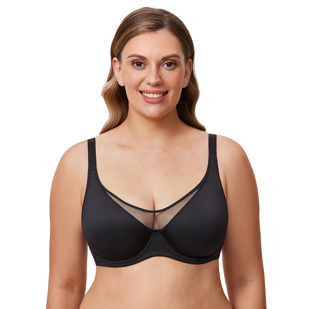 Women's Lace Sheer Unlined Underwire Full Coverage Plus Size Minimizer Bra