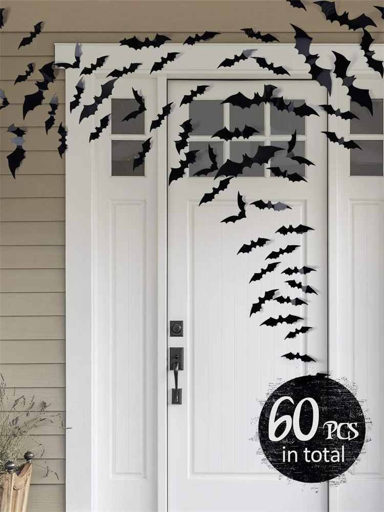 60pcs Halloween Decoration 3D Black PVC Bat Halloween Party DIY Decor Wall Sticker Bar Room Party Scary Decos Props