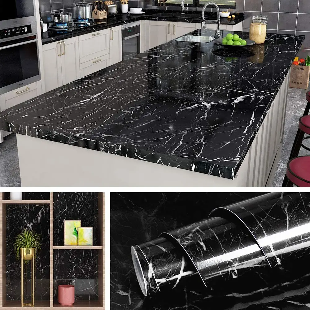 Black Marble Kitchen Wallpaper PVC Waterproof Contact Self Adhesive Countertop Desktop Bathroom Wallpaper black pull out sensor kitchen faucets stainless steel smart induction mixed tap touch control sink torneira de cozinha