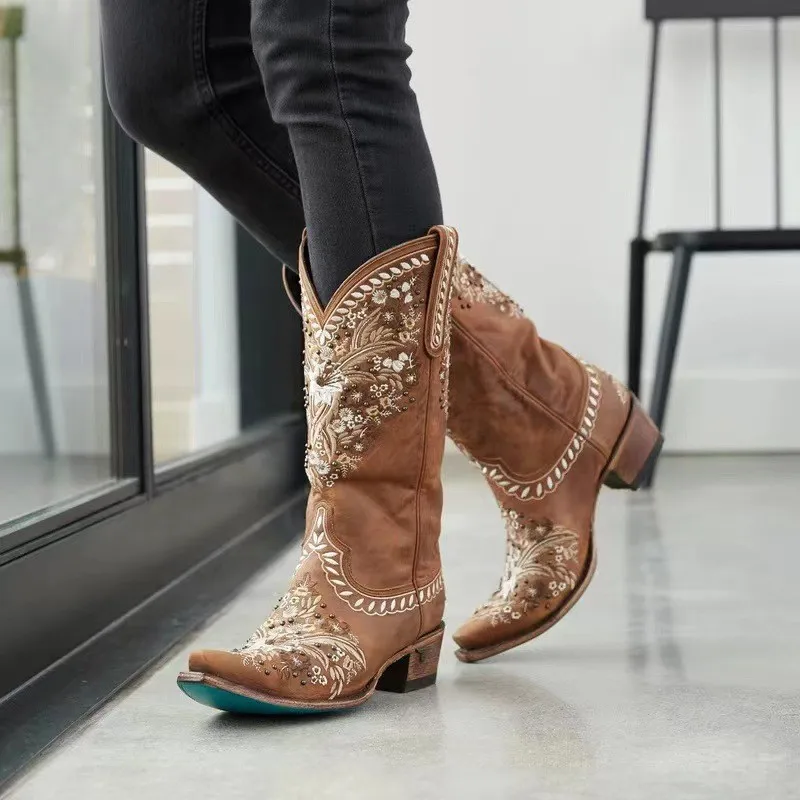 Ethnic Style Embroidery Size 35-48 Medium Length Women's Boots for Foreign Trade, New Autumn and Winter Women's Middle Heels