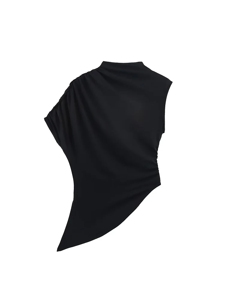 TFMLN Summer Women's Asymmetrical Tee Retro Solid O-Neck Irregular Sleeve Slim Top 2025 New Female Short Streetwear Tops