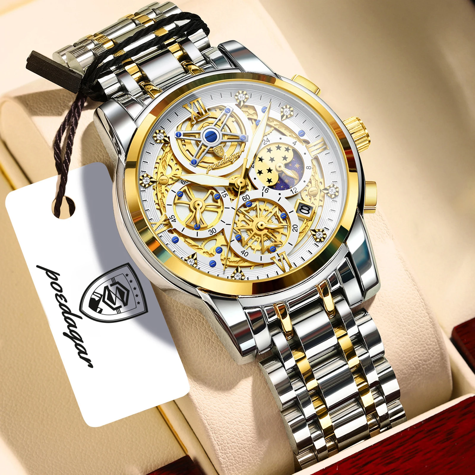 Hochwertige Herrenuhr aus Edelstahl, Datumsanzeige, Chronograph, Quarzwerk, wasserdicht, Leuchtzeiger_voghion.com