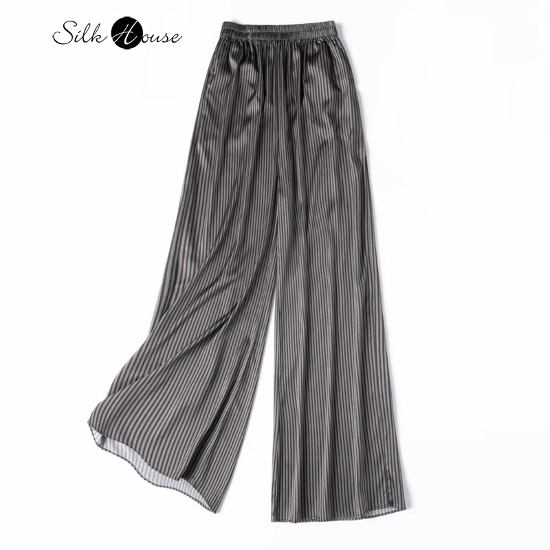2024 Women's Summer New 92% Natural Mulberry Silk Elastic Satin Vertical Stripe Naked Simple Elastic Waist Casual Wide Leg Pants