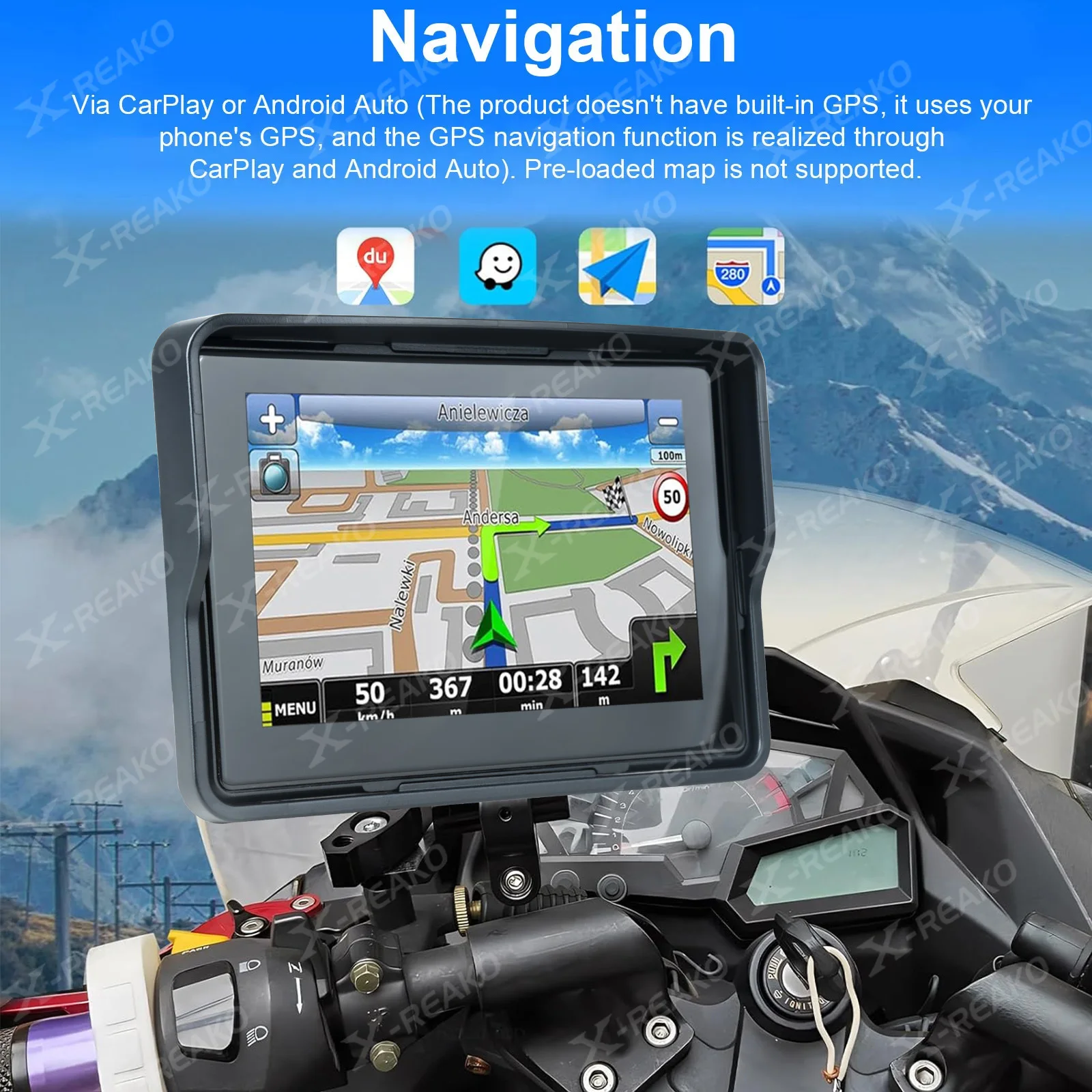 X-REAKO 5-inch Motorcycle PND Player Motorcycle Portable MP5 Waterproof Grade IPX7 DVR + TPMS Bluetooth GPS Carplay SD Card