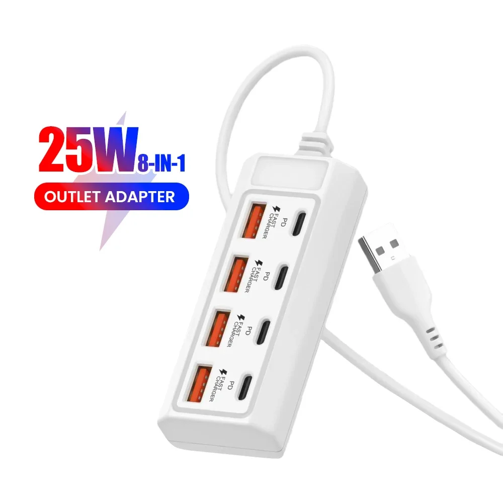 8 in 1 USB Charging Station 25W PD Type C Power Strip Multi Port Desktop HUB Phone Adapter For iPhone 16 Samsung Xiaomi Huawei
