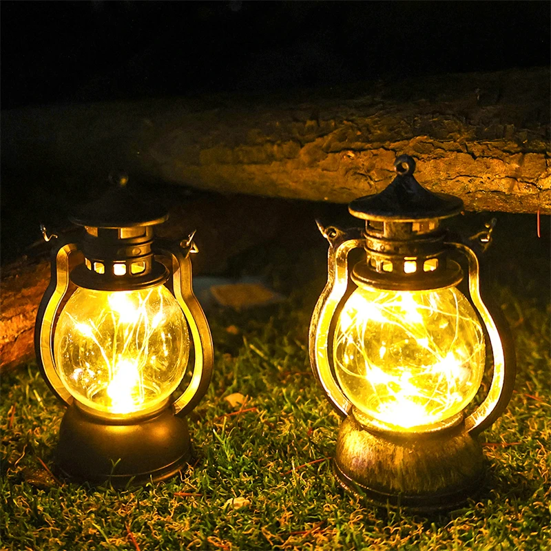 LED Retro Portable Lamp Outdoor Camping Lantern Dynamic Flame Light Battery Powered Tent Light Garden Decoration Night Lights