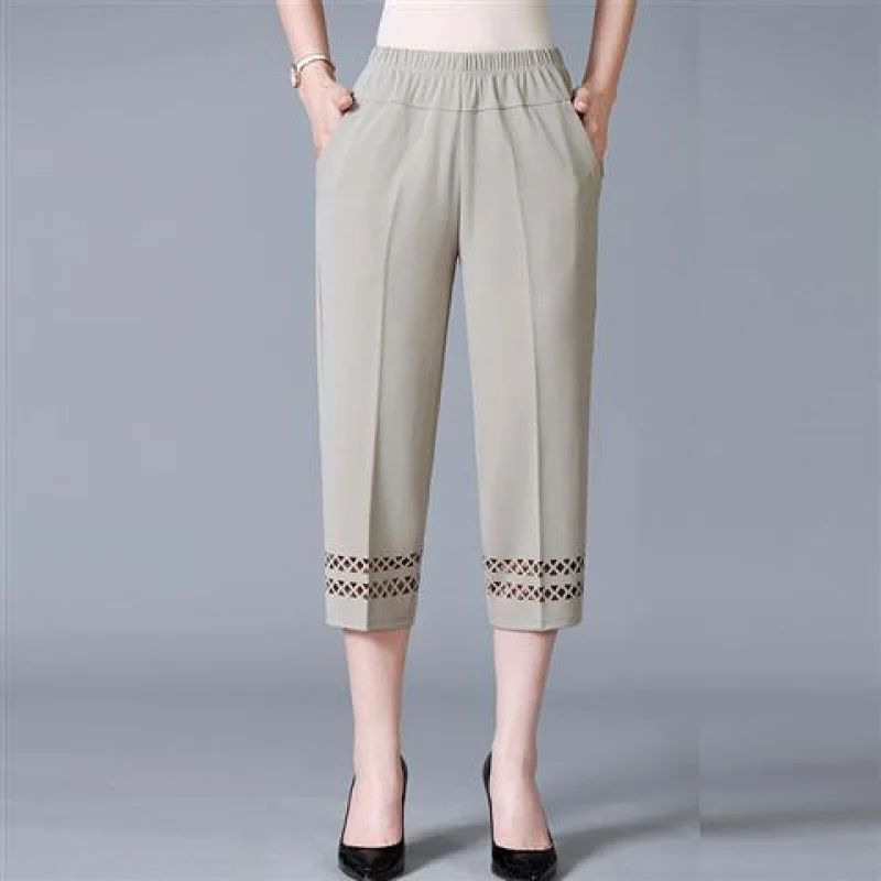 

Spring Summer Slim Women Straight Cropped Pants Middle-Aged Elderly Mother Pant High Waist Grandma Pantalones Pockets XL-5XL