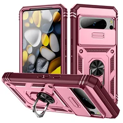 Rugged Military Grade Shockproof Case with Kickstand and Camera Slide for Google Pixel 9 ProXL (Pink Red)